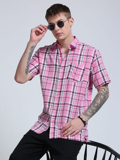 Pink Horizon Check Half Sleeve Shirt