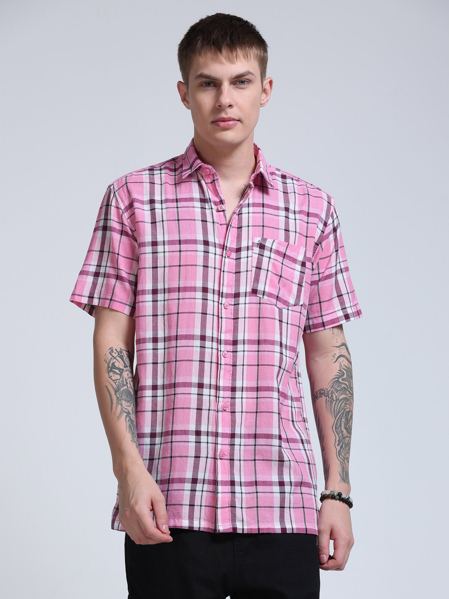 Pink Horizon Check Half Sleeve Shirt