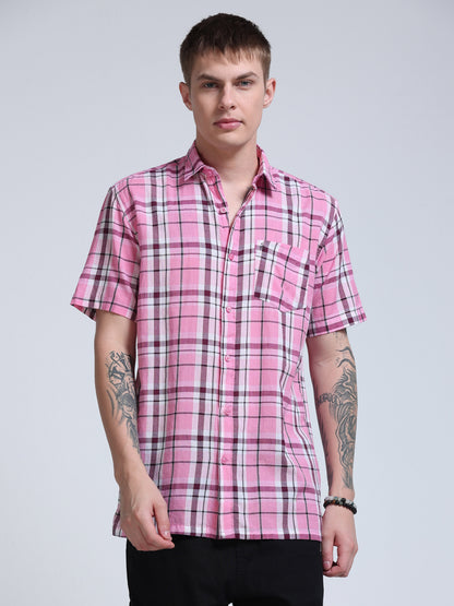 Pink Horizon Check Half Sleeve Shirt