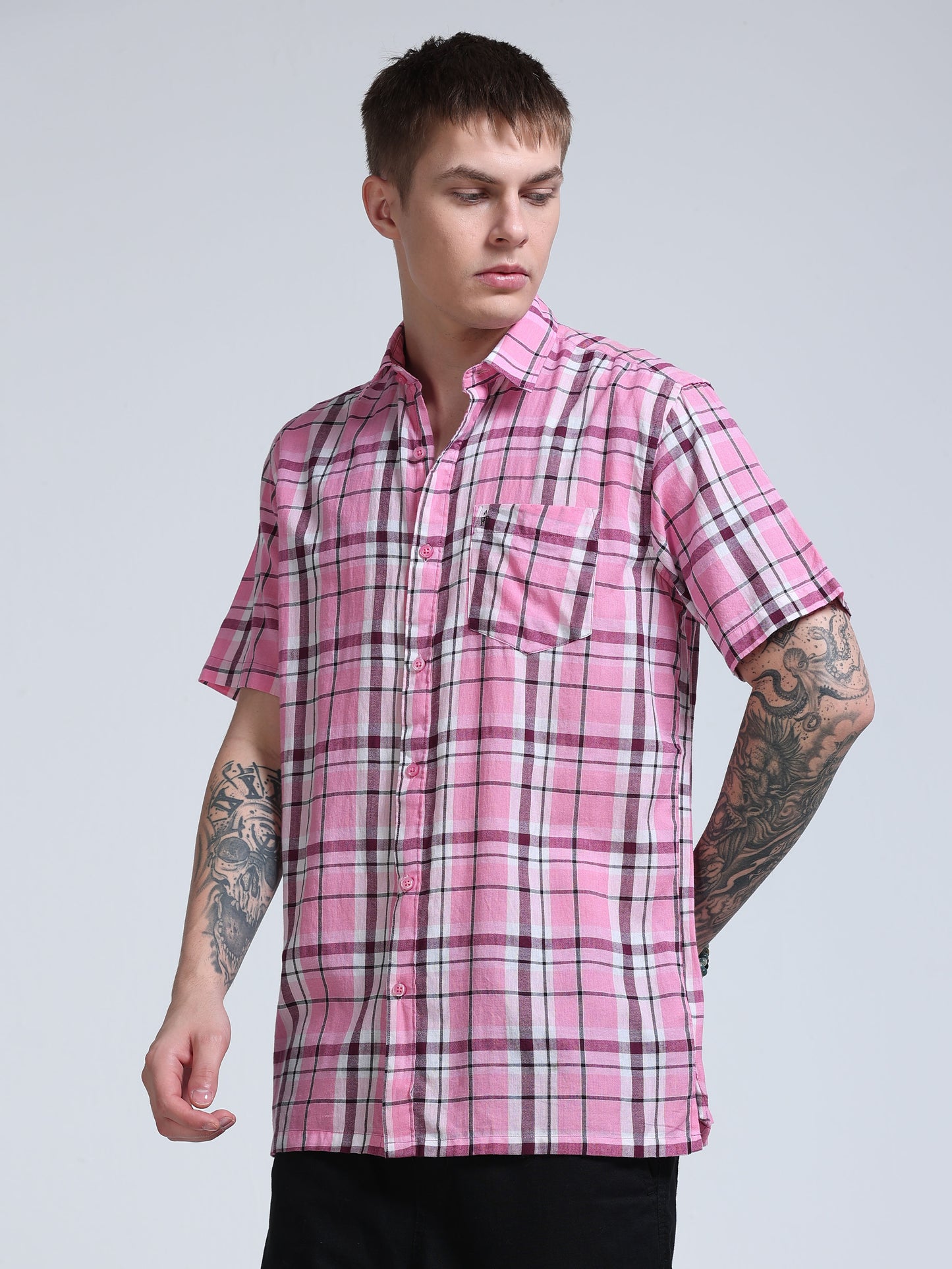 Pink Horizon Check Half Sleeve Shirt