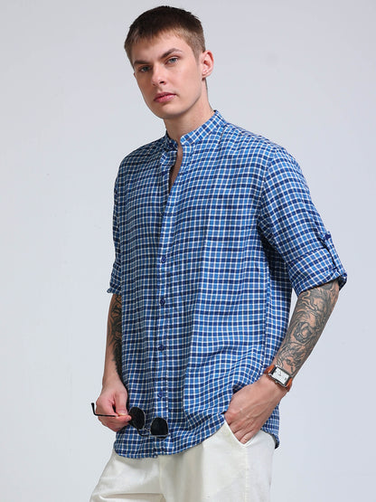 Blue Imperial Check Chinese Collar Shirt