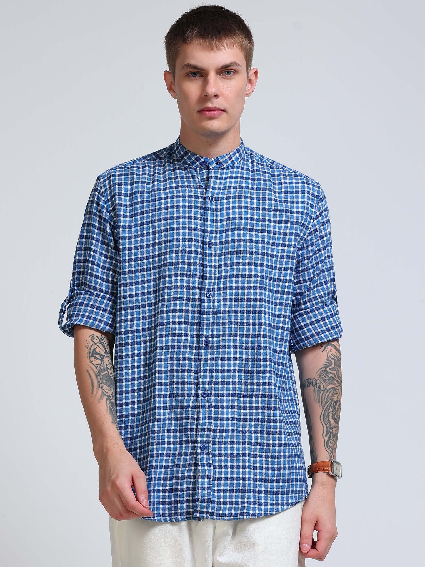 Blue Imperial Check Chinese Collar Shirt