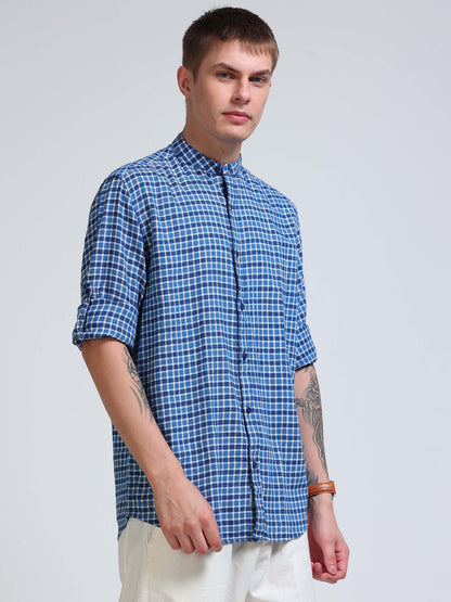 Blue Imperial Check Chinese Collar Shirt