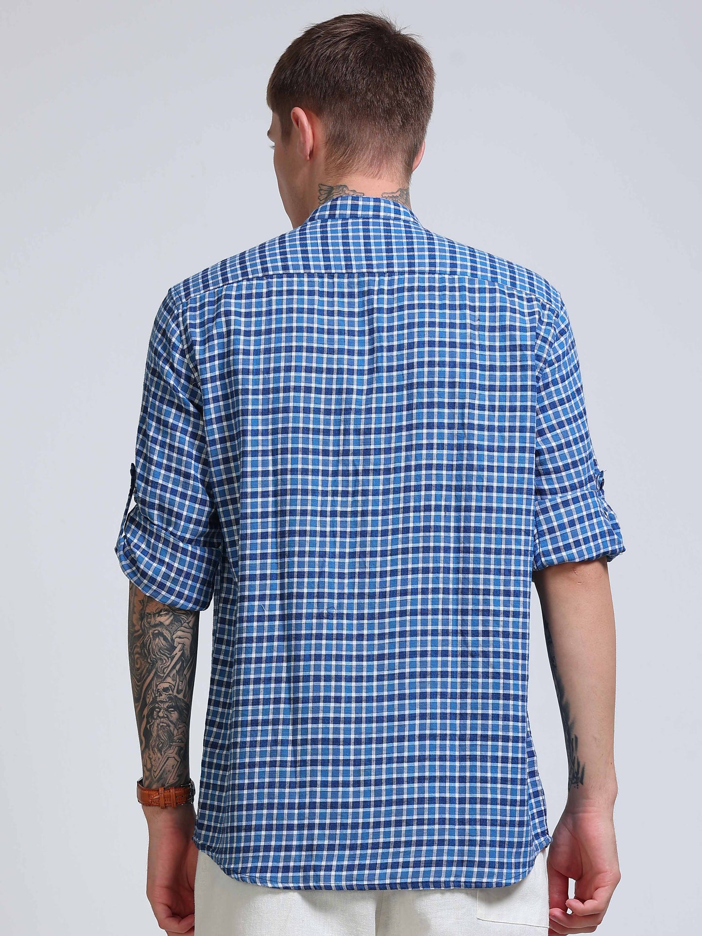 Blue Imperial Check Chinese Collar Shirt