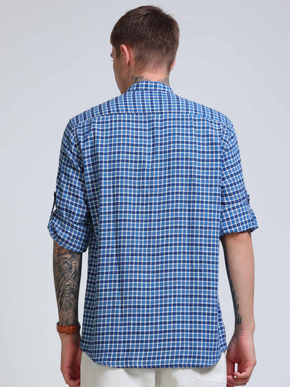 Blue Imperial Check Chinese Collar Shirt