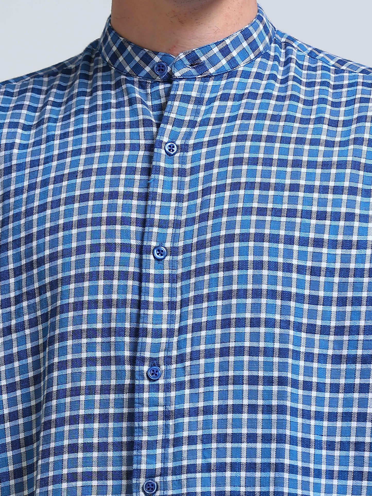 Blue Imperial Check Chinese Collar Shirt