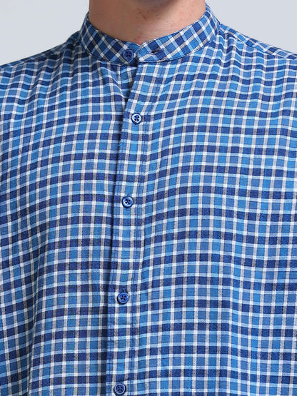 Blue Imperial Check Chinese Collar Shirt
