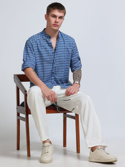 Blue Imperial Check Chinese Collar Shirt