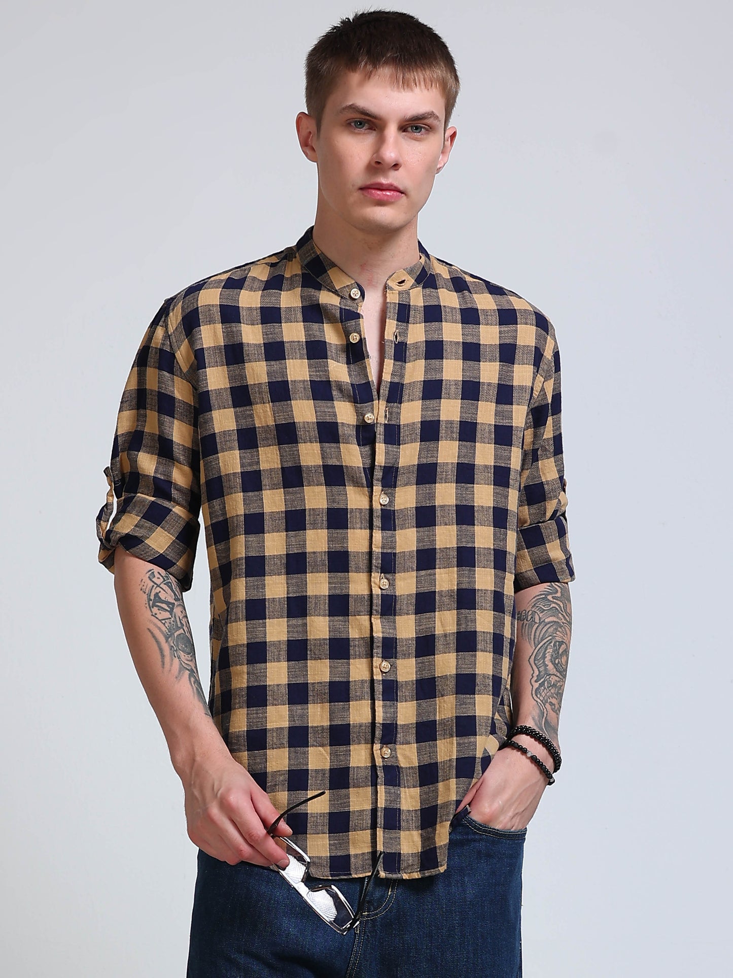 Desert Navy Check Chinese Collar Shirt