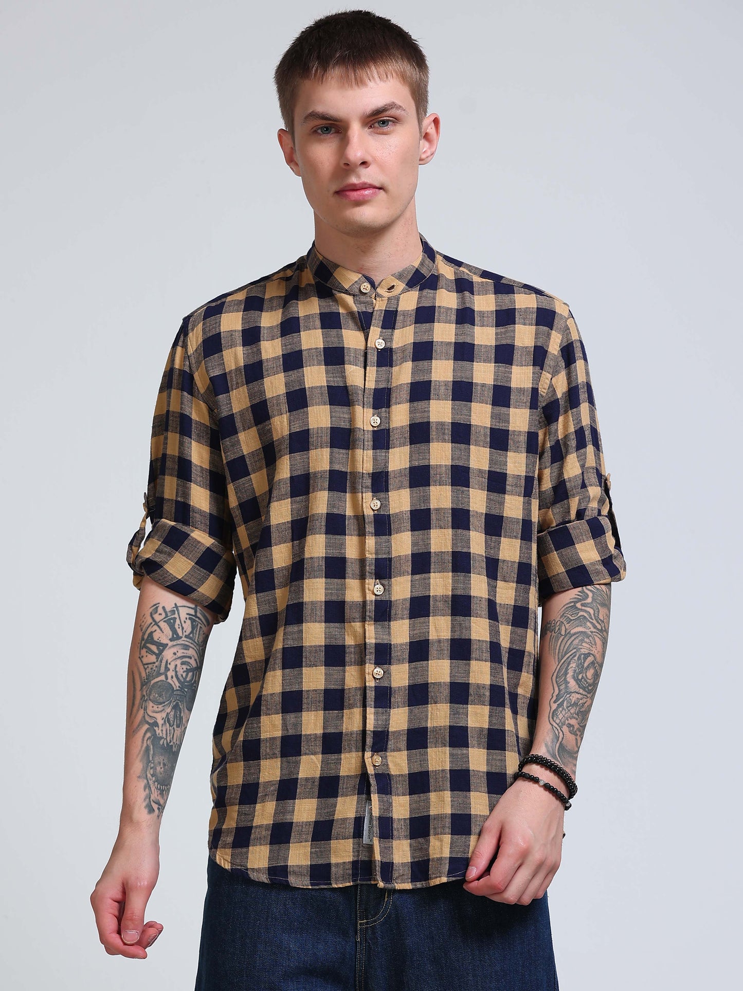 Desert Navy Check Chinese Collar Shirt