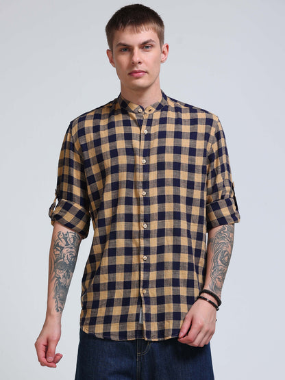 Desert Navy Check Chinese Collar Shirt