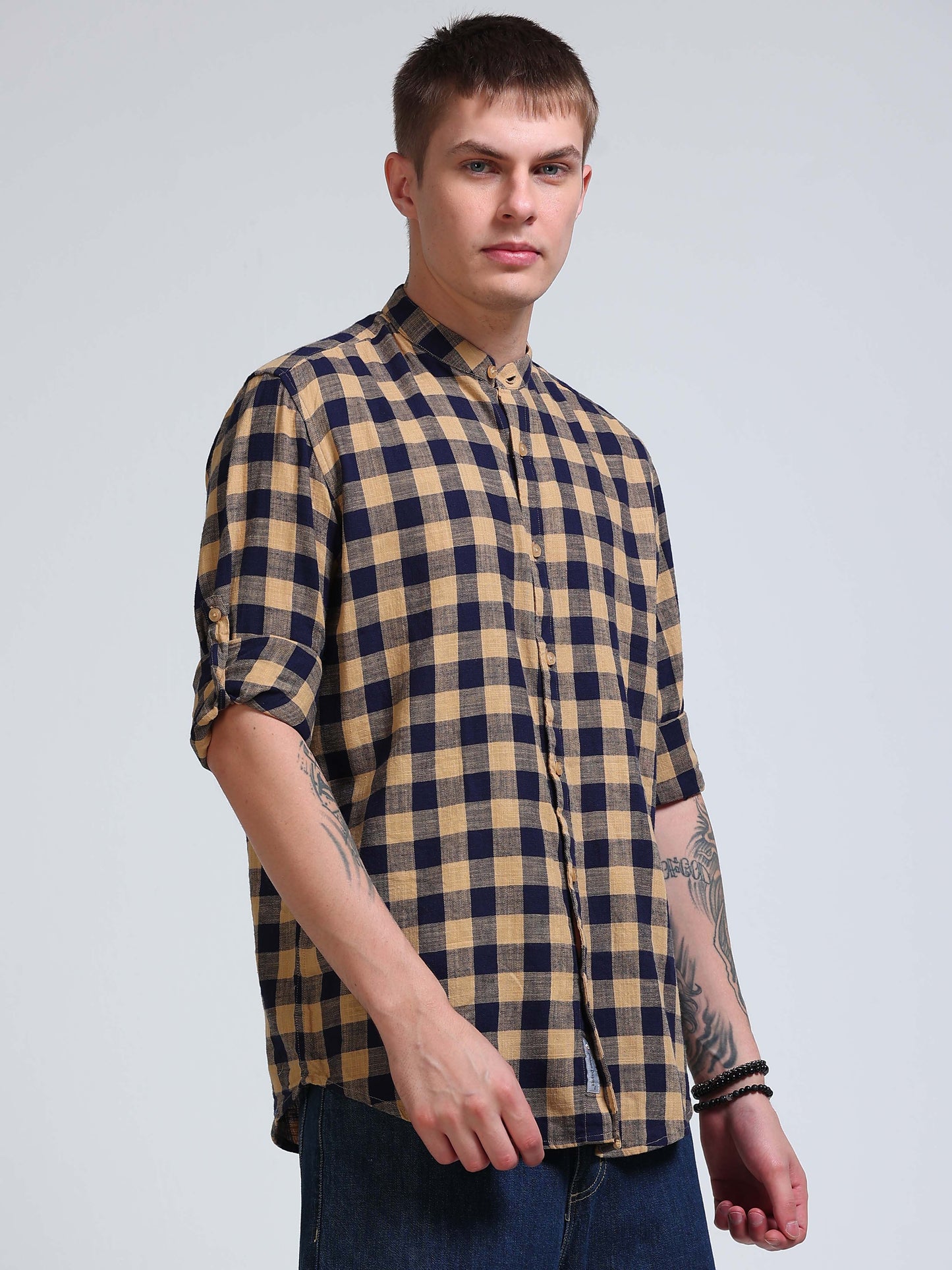 Desert Navy Check Chinese Collar Shirt