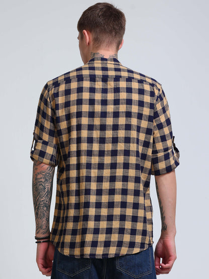 Desert Navy Check Chinese Collar Shirt