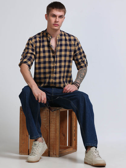 Desert Navy Check Chinese Collar Shirt