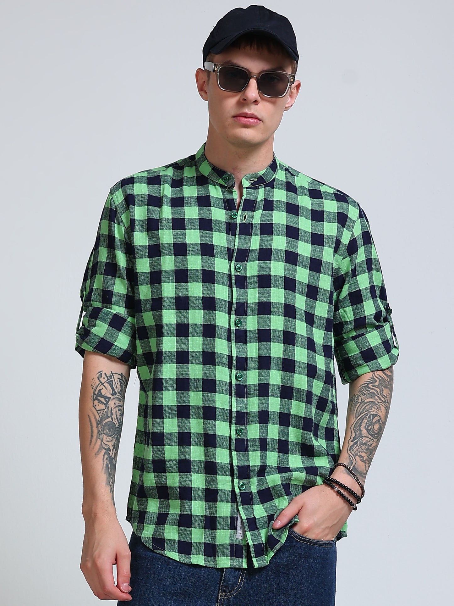 Green Horizon Check Chinese Collar Shirt