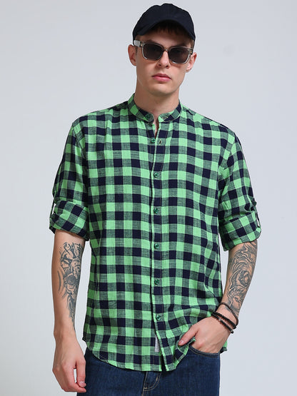 Green Horizon Check Chinese Collar Shirt
