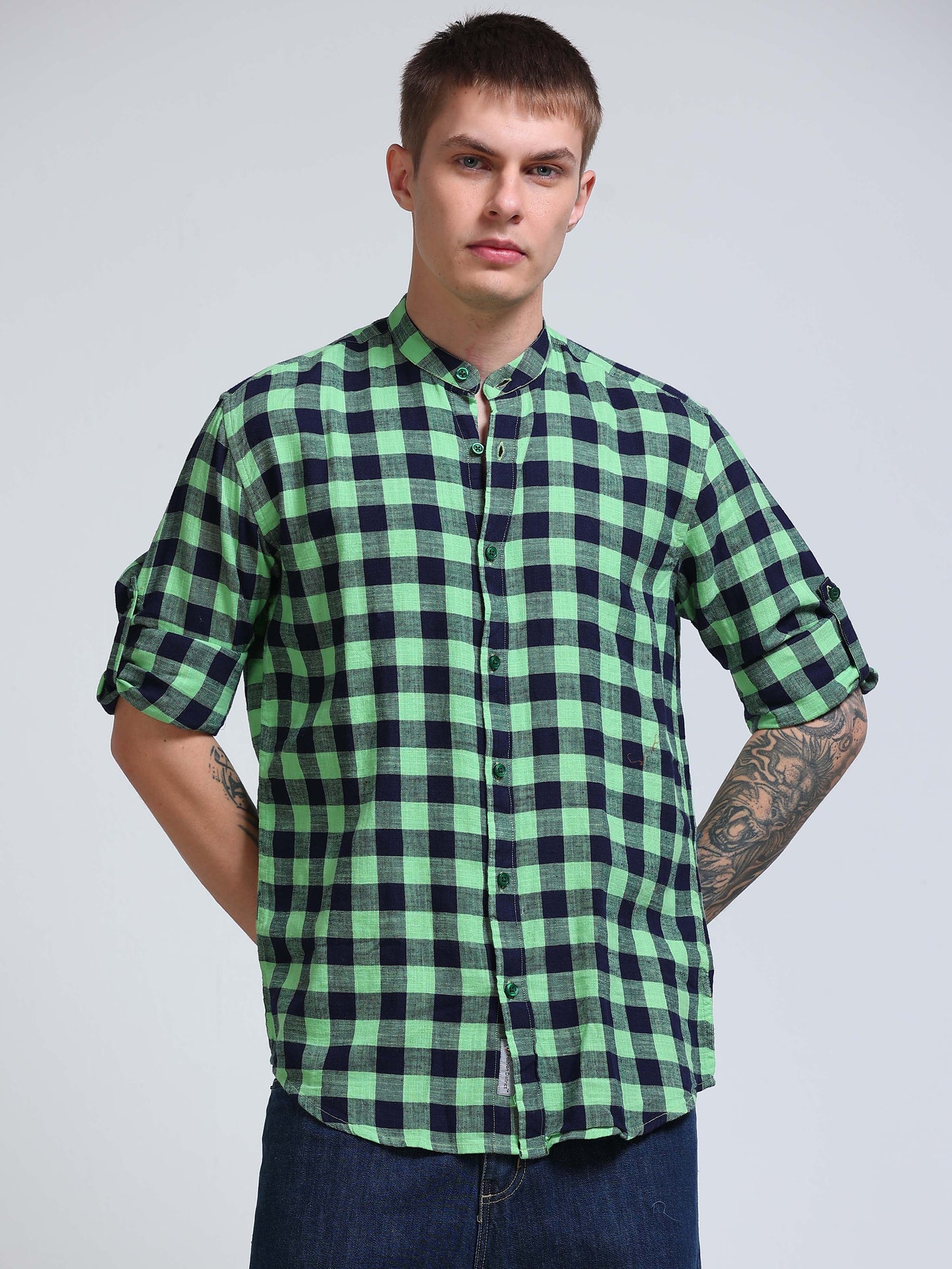 Green Horizon Check Chinese Collar Shirt