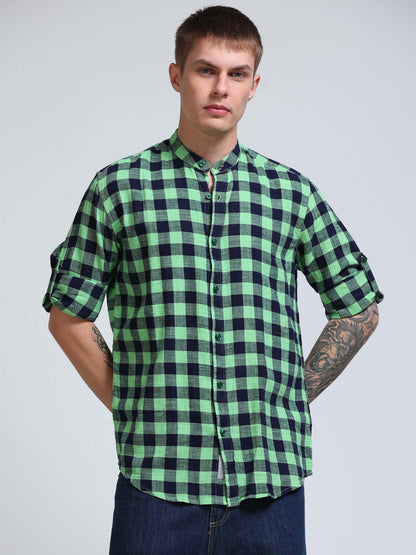Green Horizon Check Chinese Collar Shirt