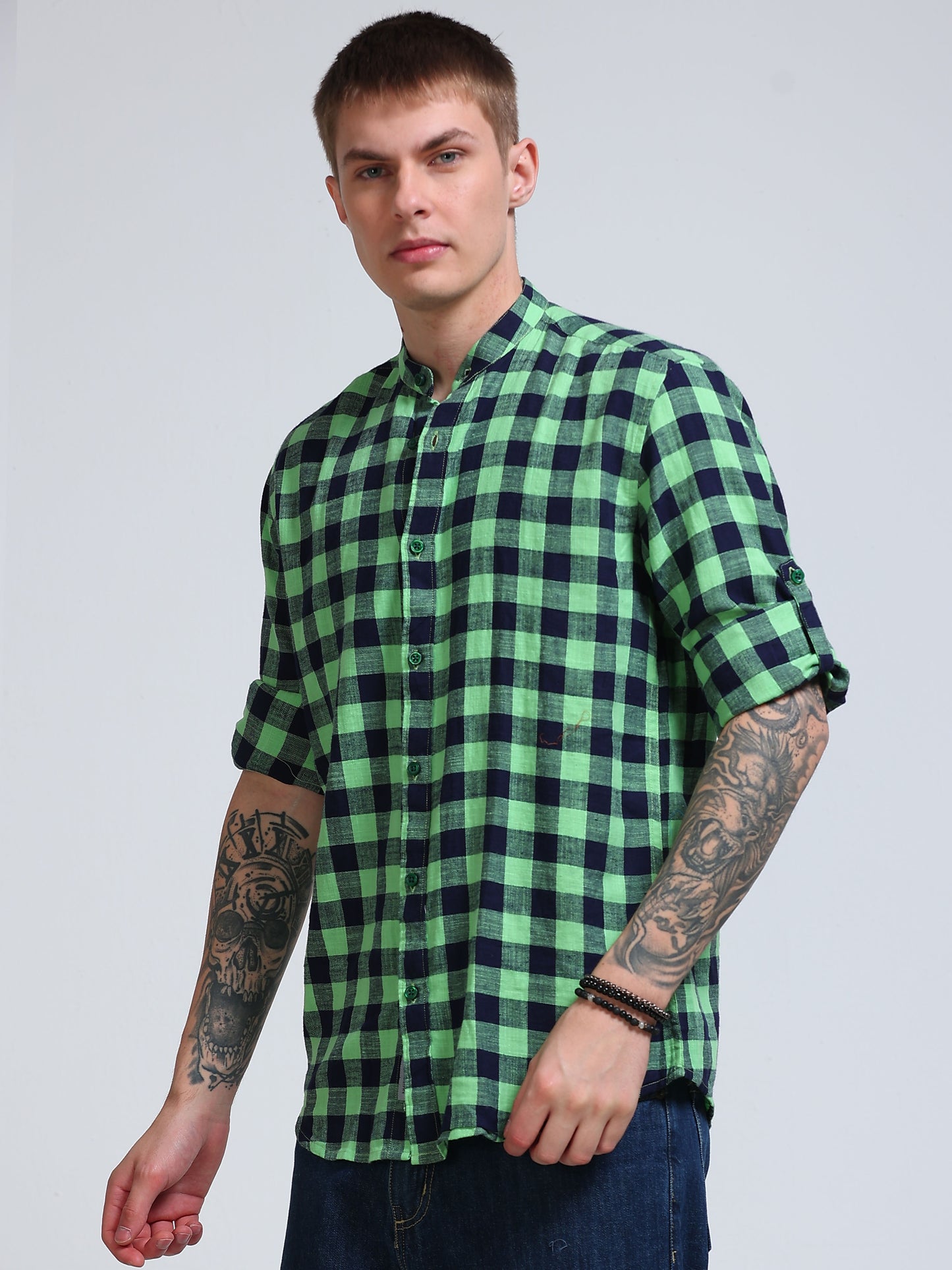 Green Horizon Check Chinese Collar Shirt