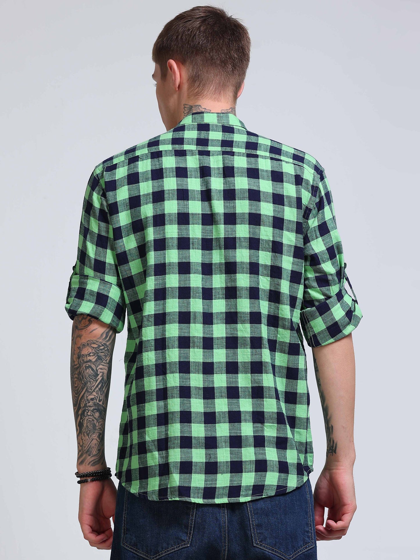 Green Horizon Check Chinese Collar Shirt
