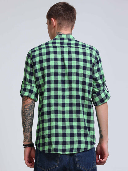 Green Horizon Check Chinese Collar Shirt