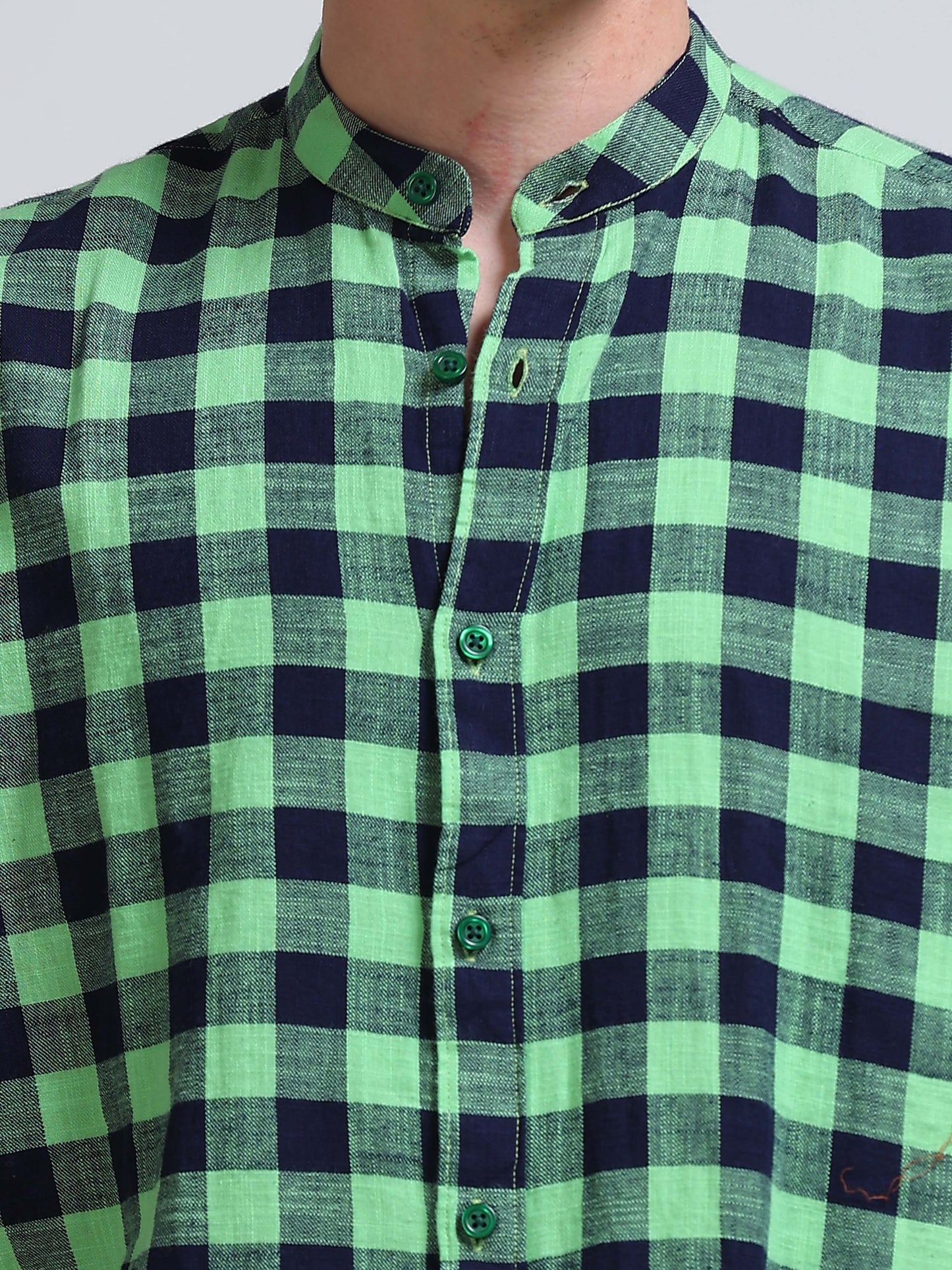 Green Horizon Check Chinese Collar Shirt
