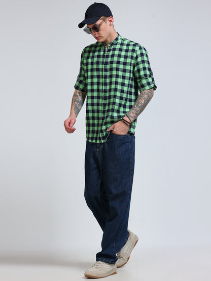 Green Horizon Check Chinese Collar Shirt