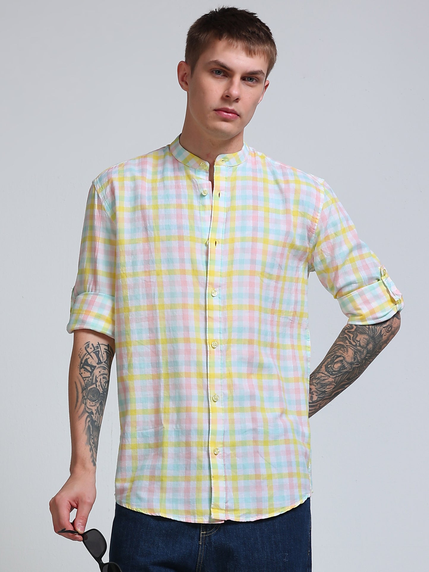 Lemon Tide Check Chinese Collar Shirt