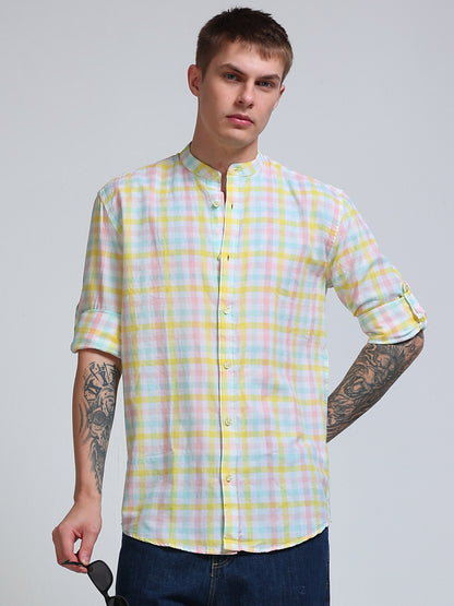 Lemon Tide Check Chinese Collar Shirt