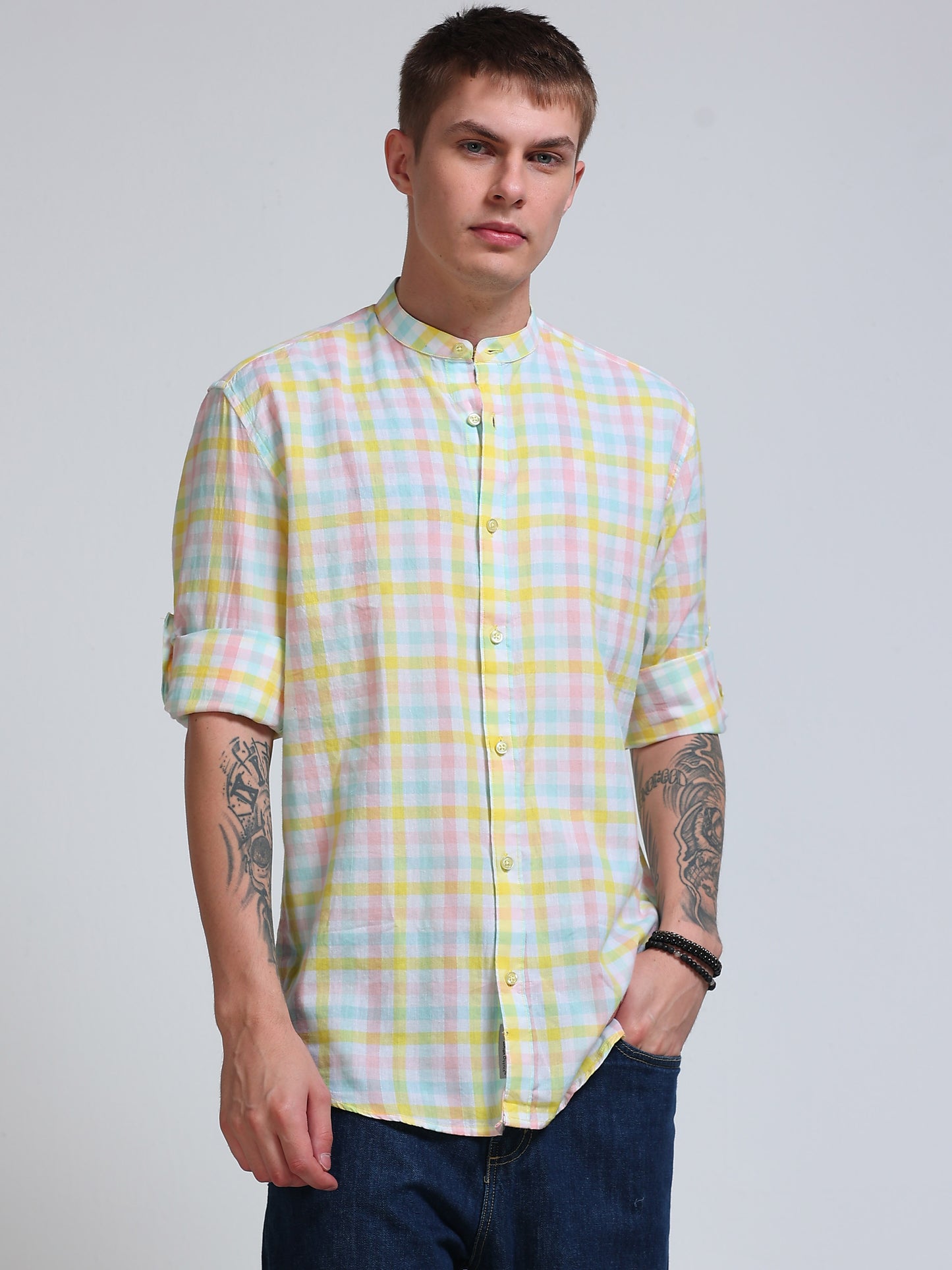 Lemon Tide Check Chinese Collar Shirt