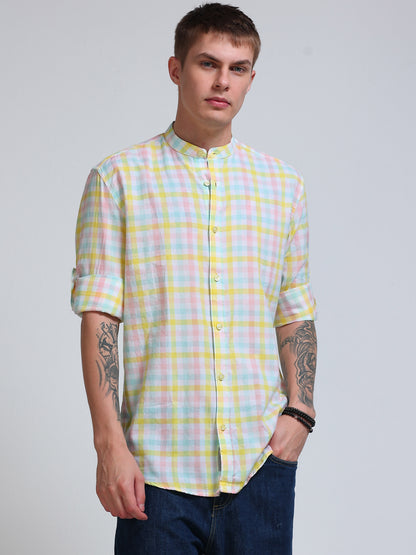 Lemon Tide Check Chinese Collar Shirt