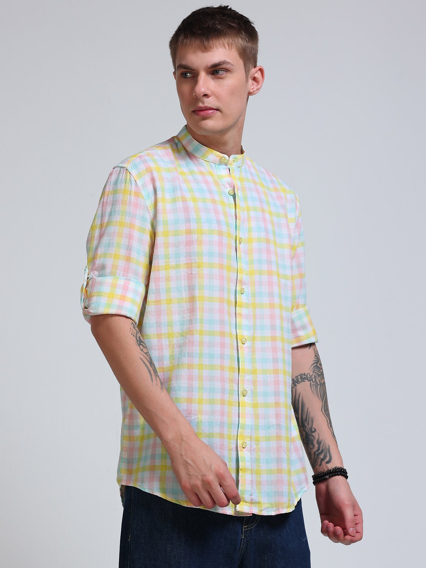 Lemon Tide Check Chinese Collar Shirt