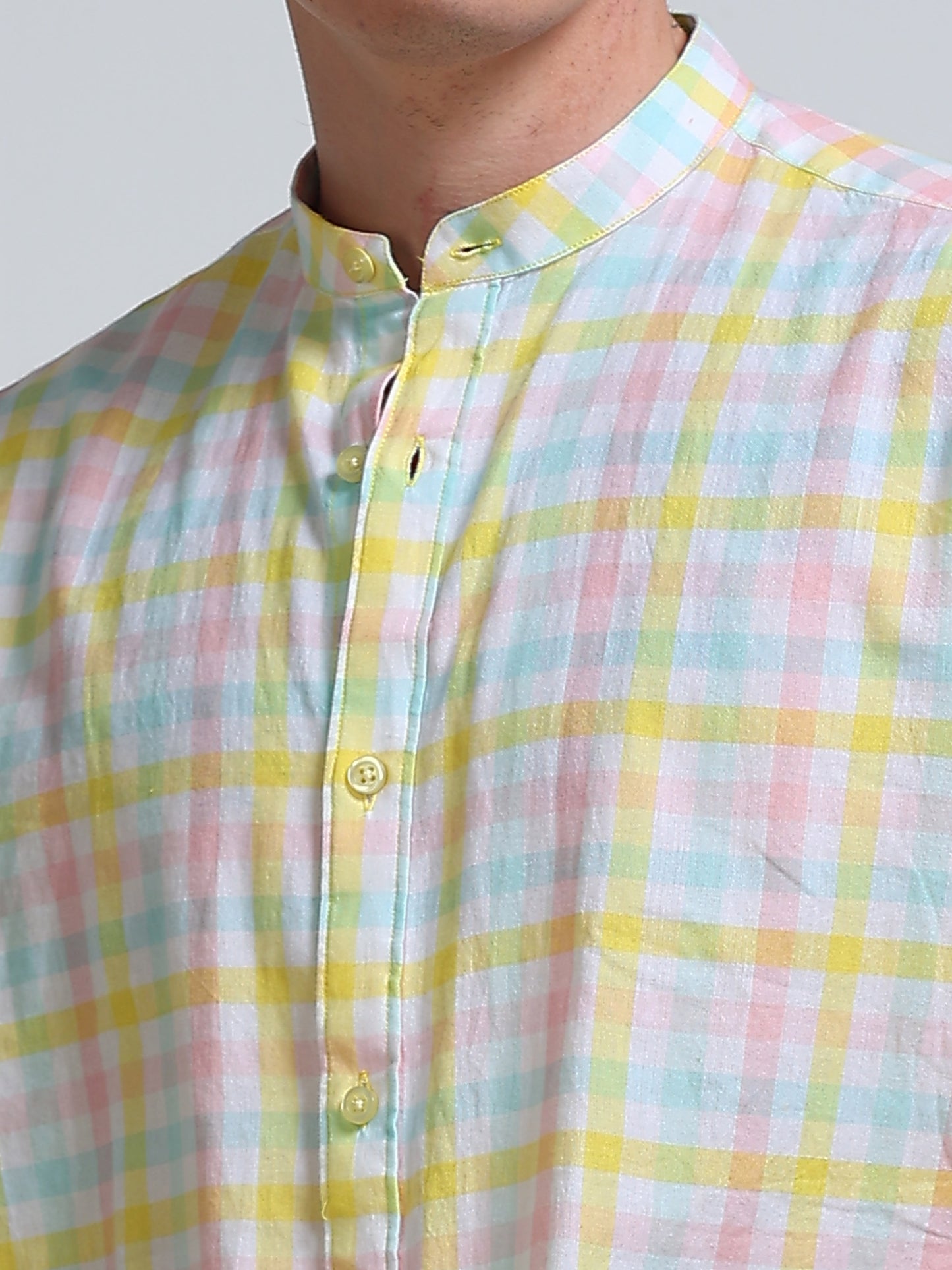 Lemon Tide Check Chinese Collar Shirt