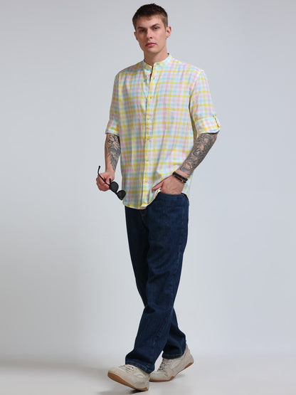 Lemon Tide Check Chinese Collar Shirt