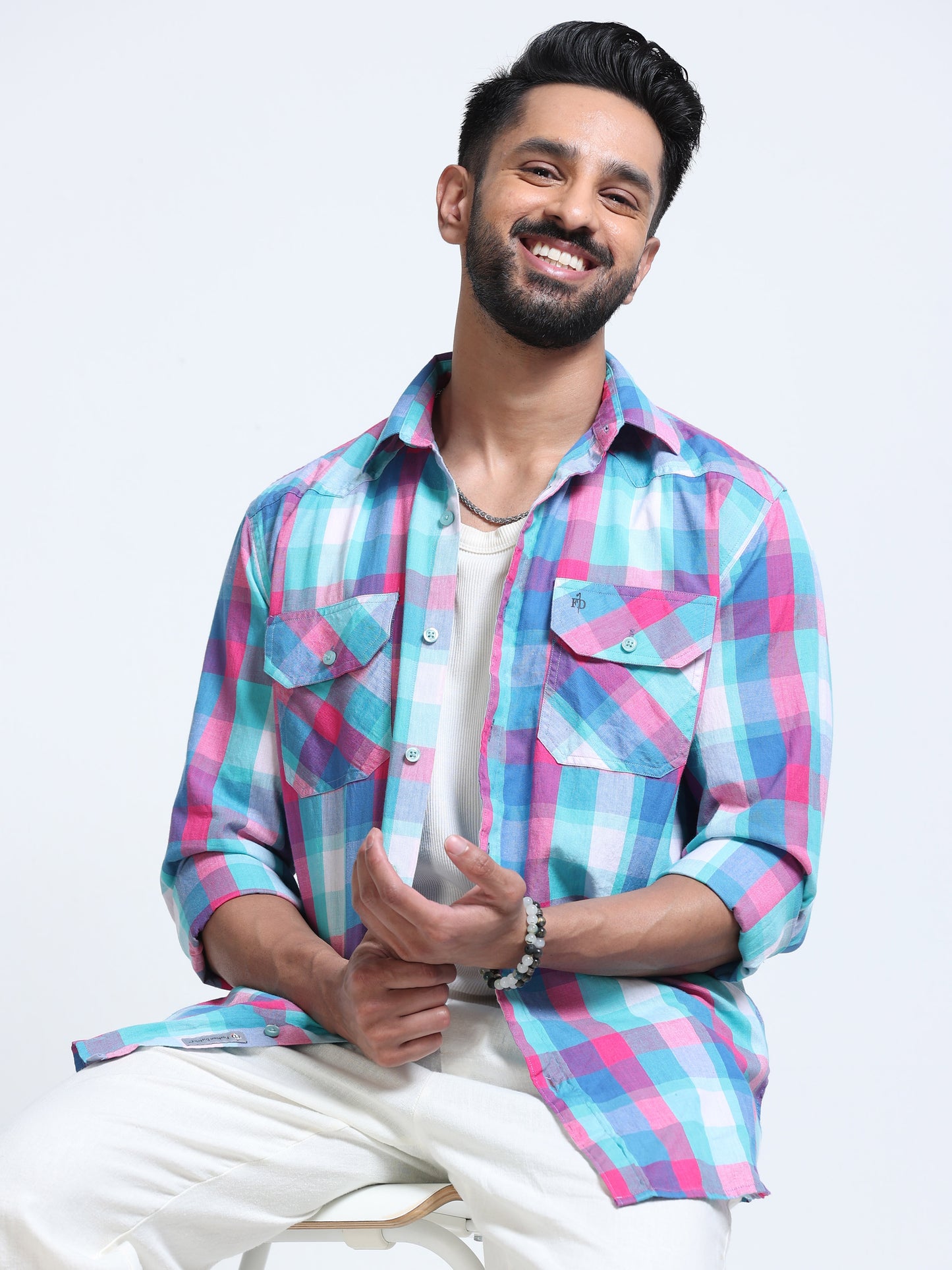 Aqua Horizon Check Double Pocket Shirt