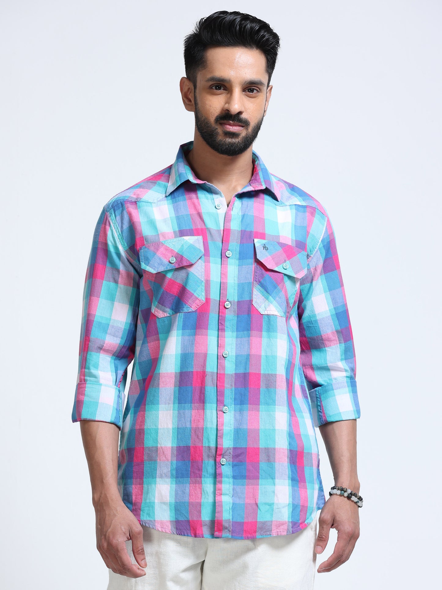 Aqua Horizon Check Double Pocket Shirt