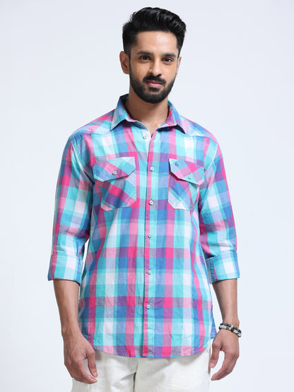 Aqua Horizon Check Double Pocket Shirt