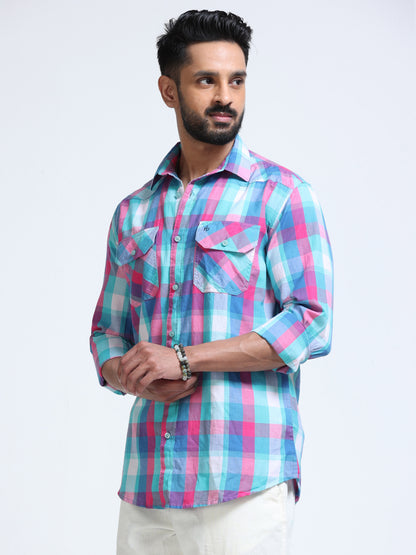 Aqua Horizon Check Double Pocket Shirt