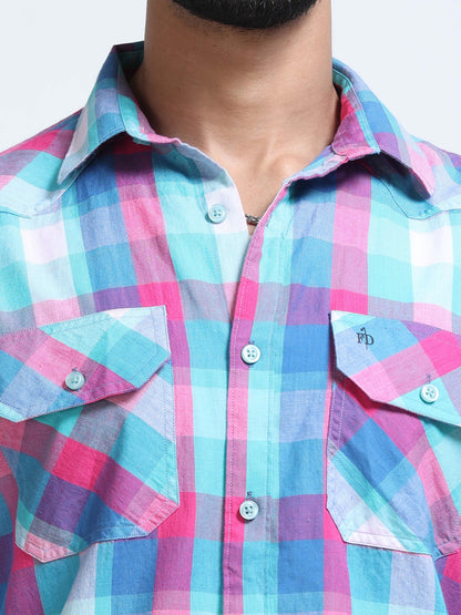 Aqua Horizon Check Double Pocket Shirt