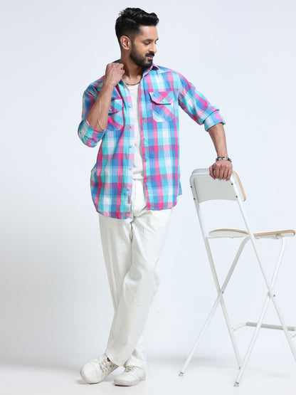 Aqua Horizon Check Double Pocket Shirt