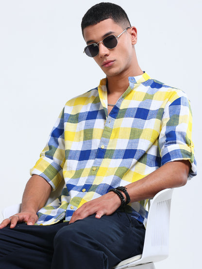 Coastal Grid Check Chinese Collar Shirt