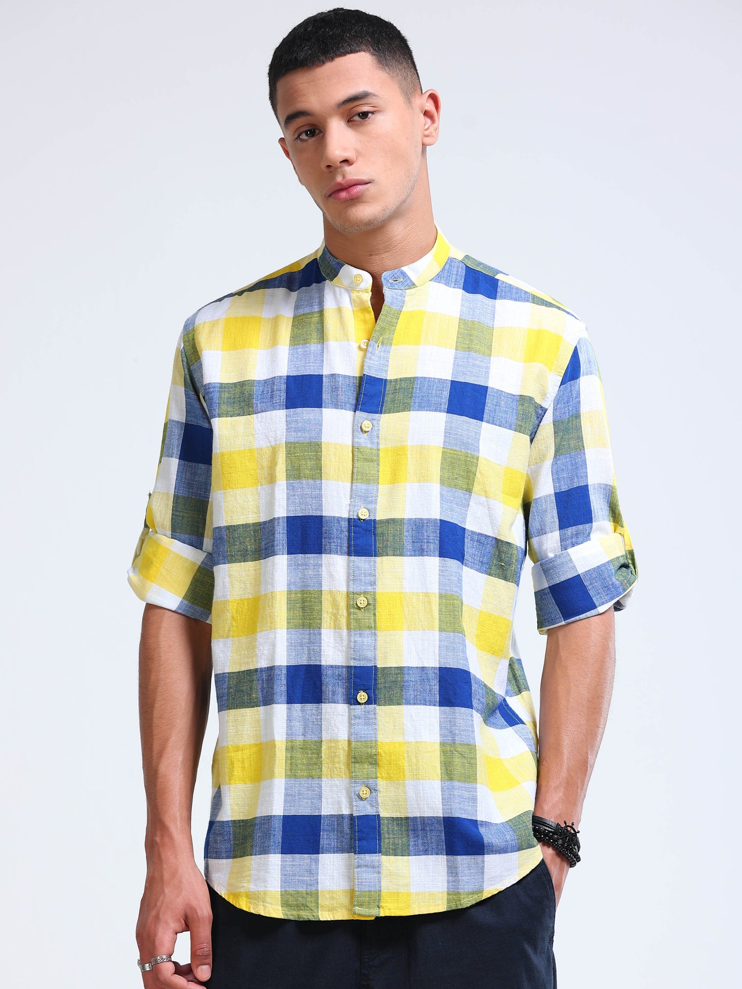 Coastal Grid Check Chinese Collar Shirt