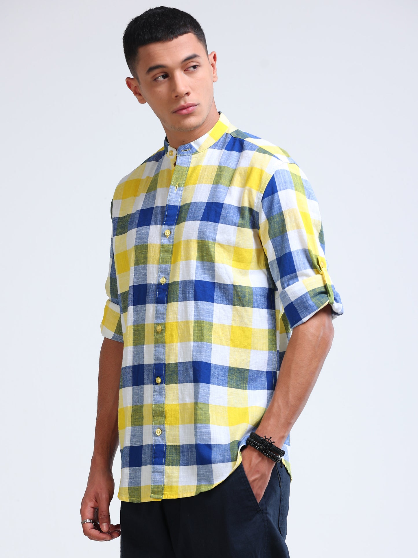 Coastal Grid Check Chinese Collar Shirt