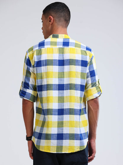 Coastal Grid Check Chinese Collar Shirt