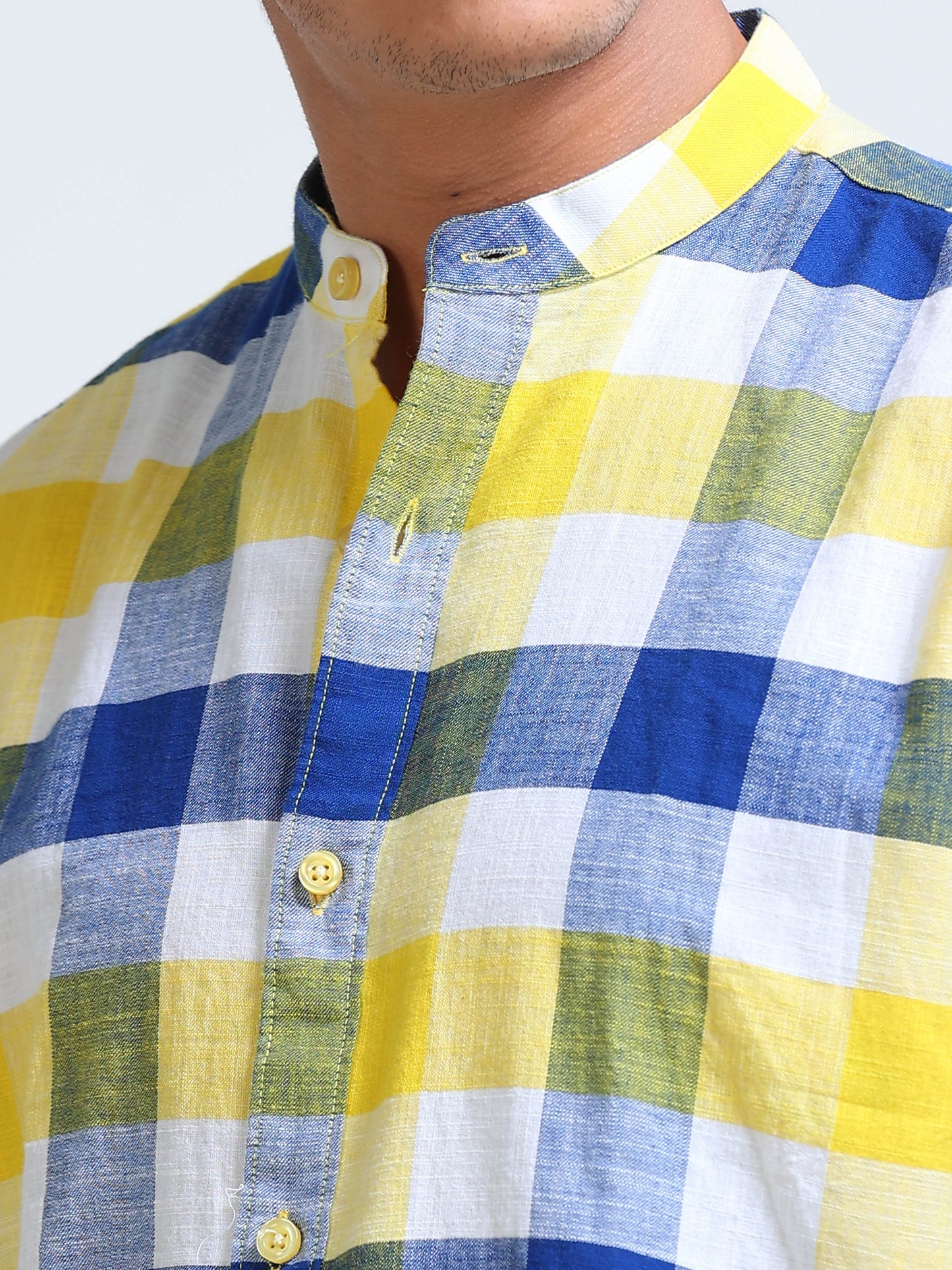 Coastal Grid Check Chinese Collar Shirt