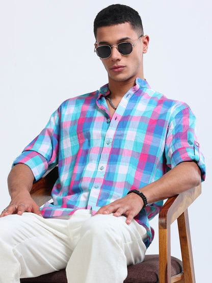 Aqua Horizon Check Chinese Collar Shirt