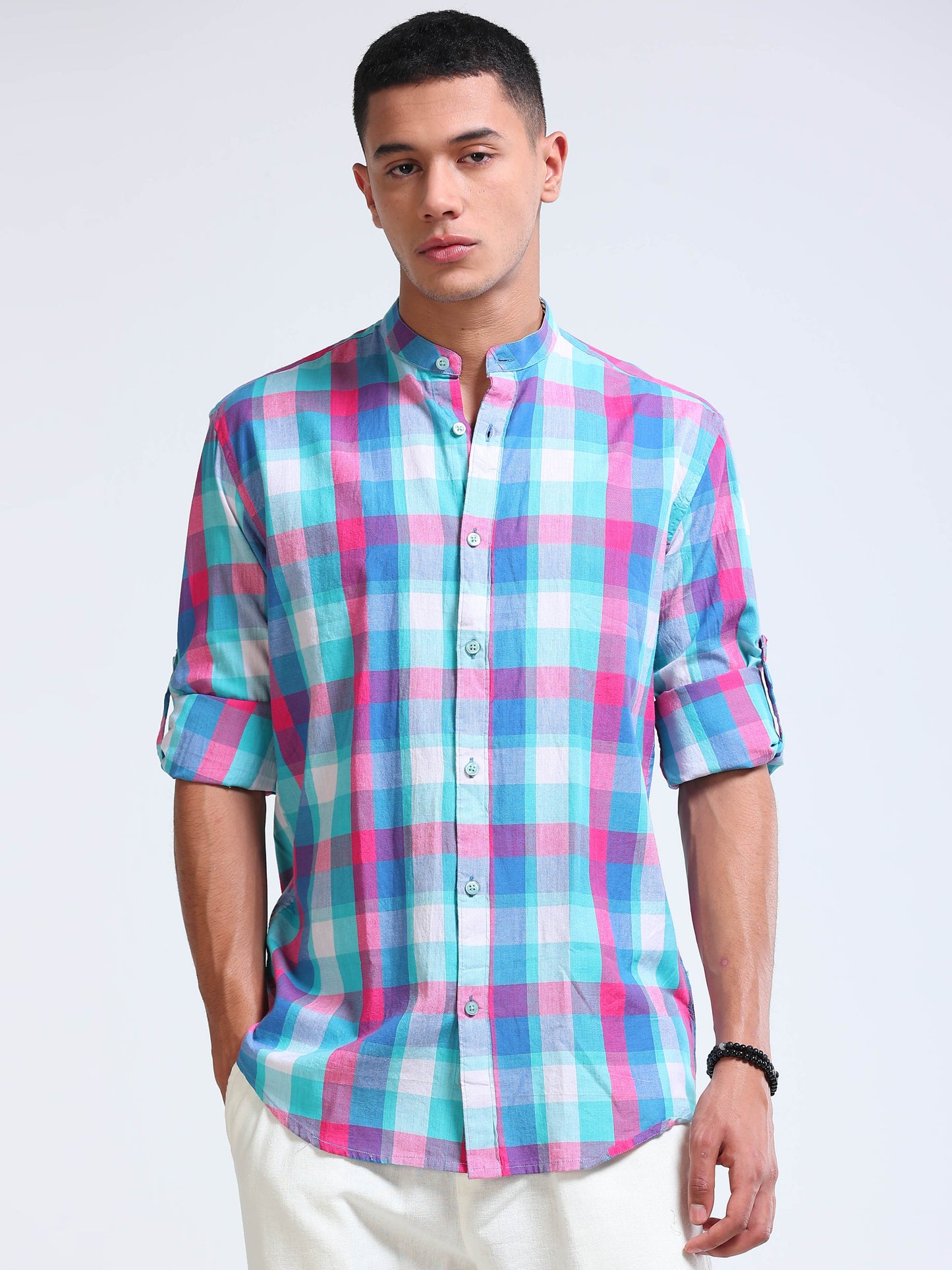 Aqua Horizon Check Chinese Collar Shirt