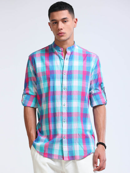 Aqua Horizon Check Chinese Collar Shirt
