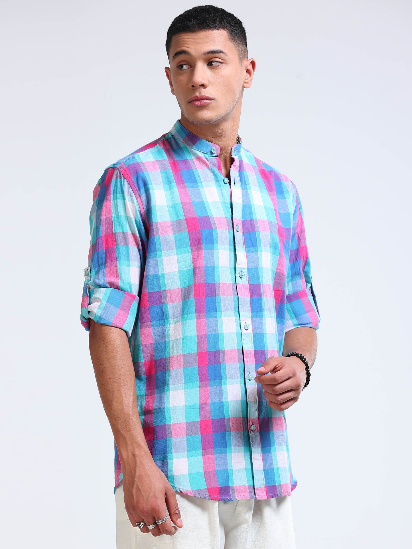 Aqua Horizon Check Chinese Collar Shirt