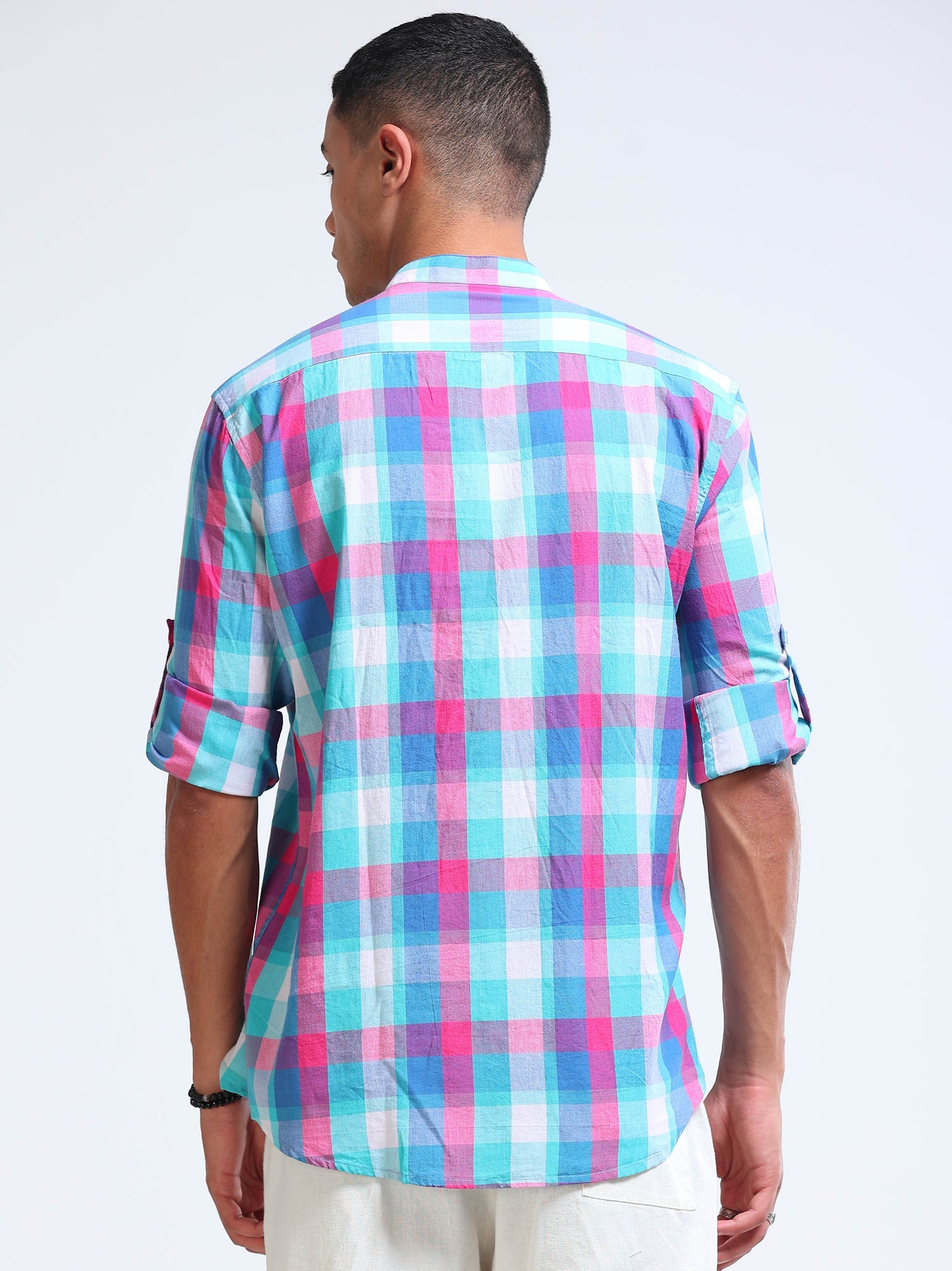 Aqua Horizon Check Chinese Collar Shirt